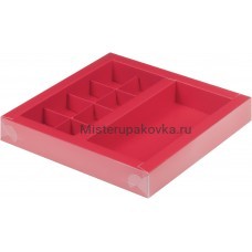 Коробка для конфет 200х200х30 мм  (8 конфет + шок. 160х80 мм), красная