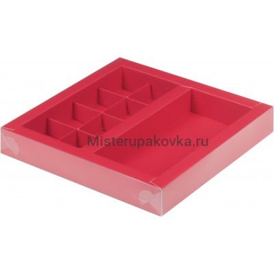 Коробка для конфет 200х200х30 мм  (8 конфет + шок. 160х80 мм), красная